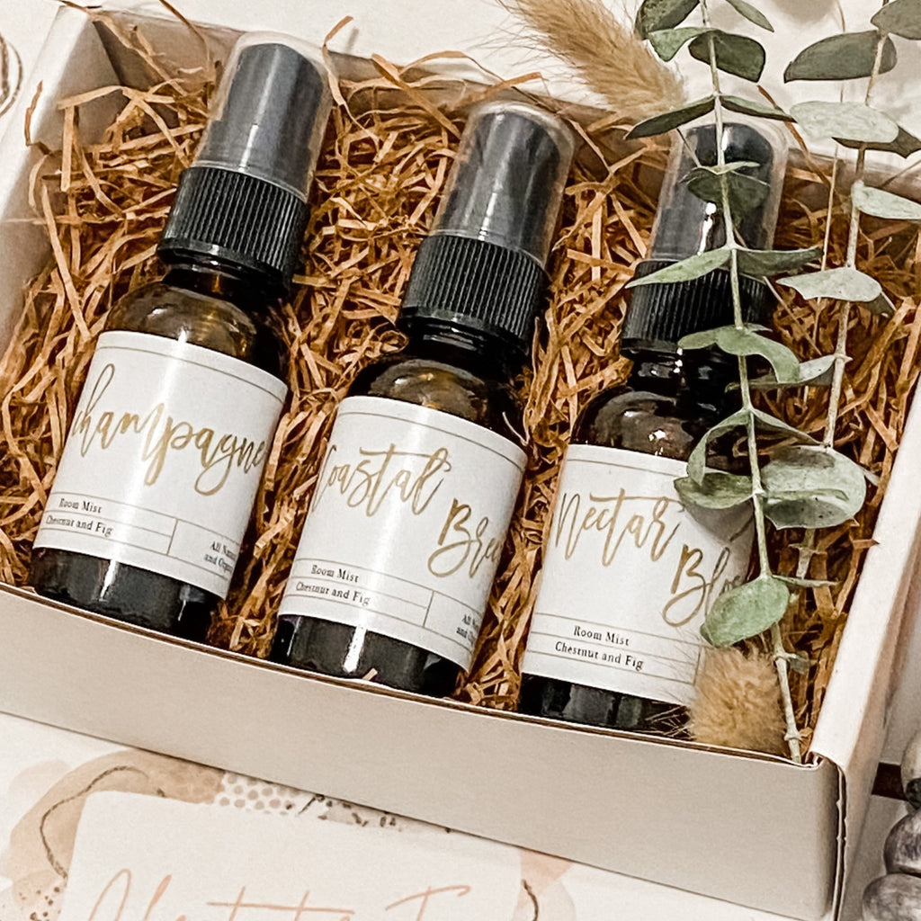 Room Mist Sampler Box. Three 1oz bottles beautifully wrapped and ready to gift to yourself or a friend.