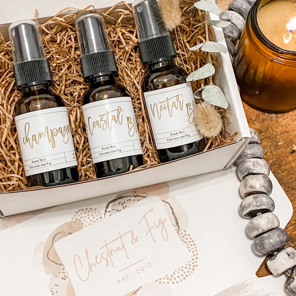 Room Mist Sampler Box. Three 1oz bottles beautifully wrapped and ready to gift to yourself or a friend.